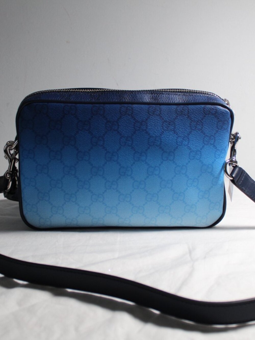NEW Gucci Degrade GG Messenger Shoulder Bag Blue Wristlet Strap Crossbody 835691